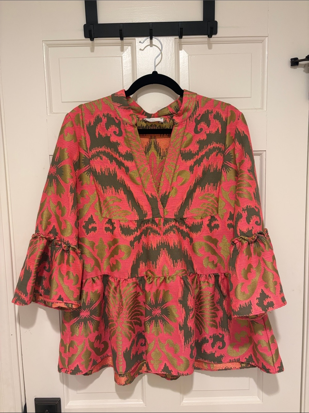 Women's Patterned V-Neck Bell Sleeve Blouse in Coral and Olive
